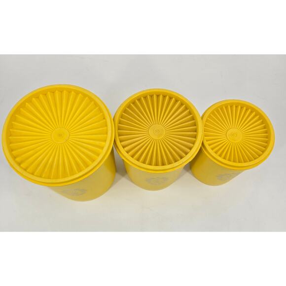 Vintage Tupperware Servalier Canister Set – Harvest Yellow Sunburst Lids - Picture 2 of 5